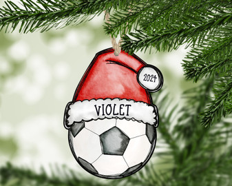 Soccer Ornament with Santa Hat Personalized