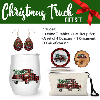 Christmas Truck  Gift Set Wine Tumbler Coaster Earring Makeup Bag Ornament