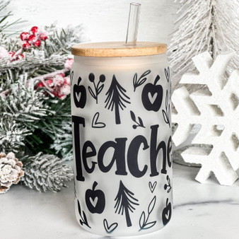 Teacher Christmas Frosted Glass Tumbler 12oz