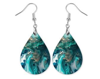 Green Teal Paint Pour Teardrop Earrings