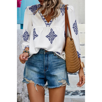 V Neck Printed Navy and White Loose Fit Blouse