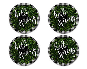 Hello Spring Boxwood Wreath Buffalo Plaid Neoprene Coasters Set of 4