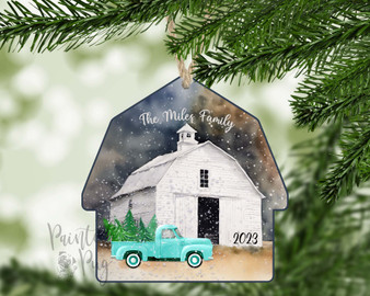 Personalized Barn Blue Truck Christmas Tree Ornament