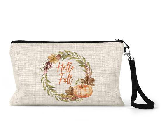 Hello Fall Pumpkin Wristlet Makeup Bag