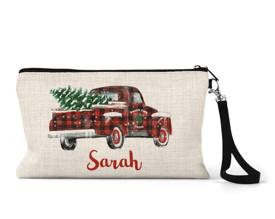 Personalized Name Christmas Truck Wristlet Makeup Bag