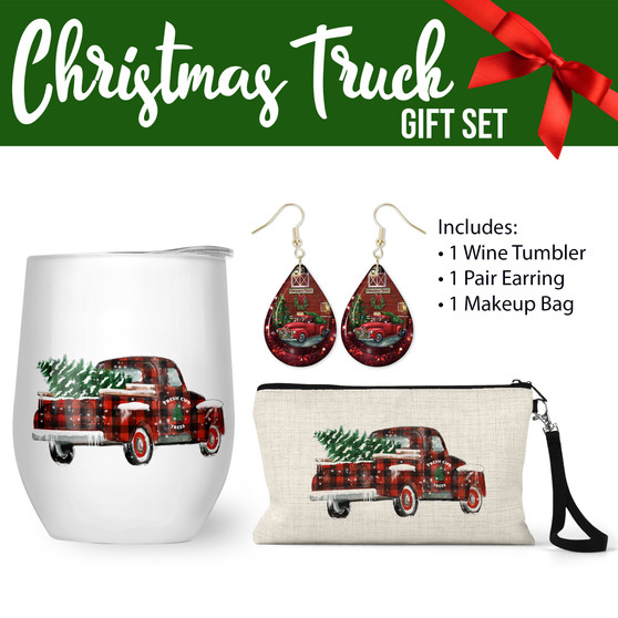 Christmas Truck  Gift Set 12oz Wine Tumbler Earring Makeup Bag