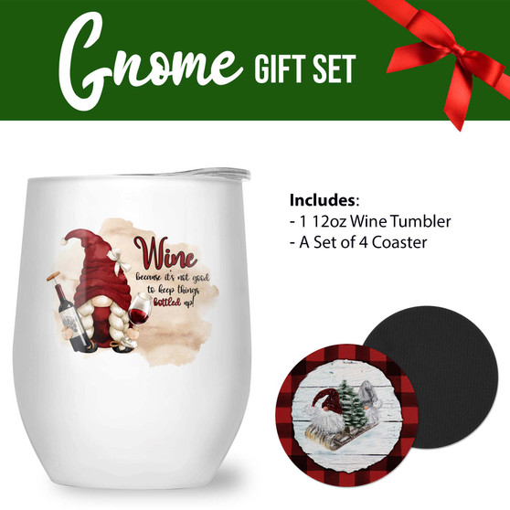 Gnome Christmas Gift Set 12oz Wine Tumbler Coaster