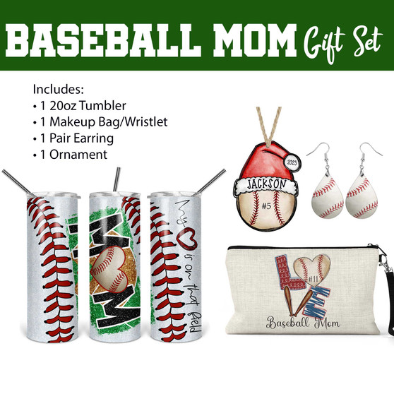 Baseball Mom Gift Set - 20oz Tumbler Ornament Makeup Bag Earrings