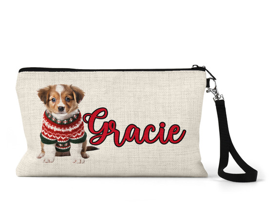 Personalized Puppy Christmas Sweater Wristlet Makeup Bag