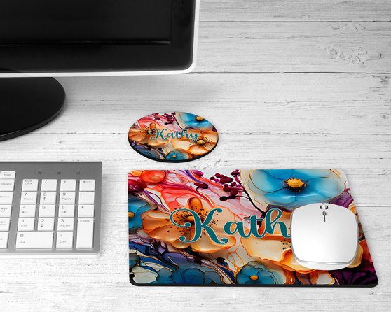 Personalized Poppy Floral Mousepad Coaster Desk Gift Set