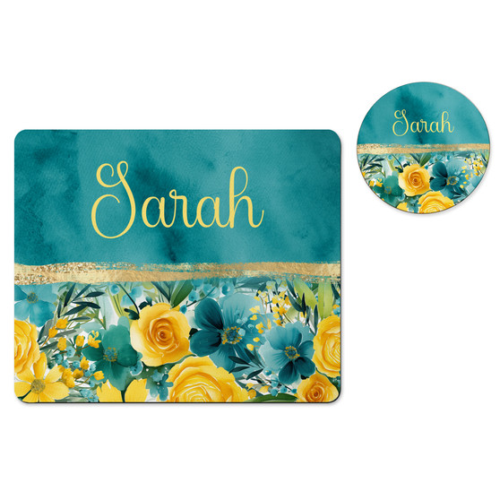 Personalized Teal Yellow Floral Mousepad Coaster Desk Gift Set