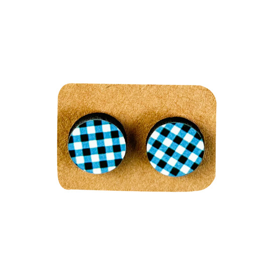 Teal Black Checkered Round Stud Earrings