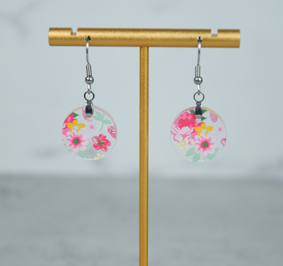 Small Round Pink Floral Dangle Earrings for Women, Boho Acrylic Statement Jewelry