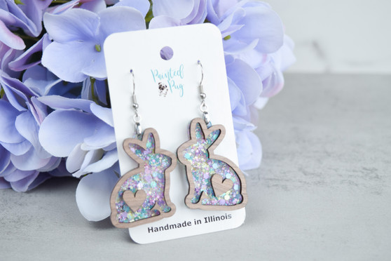 Easter Earrings for Women Purple Glitter Acrylic with Walnut Wood