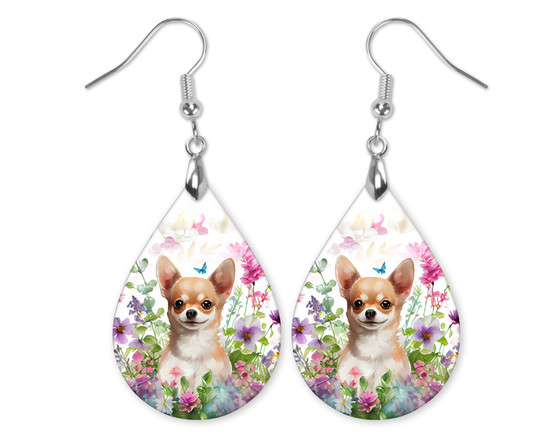 Chihuahua Floral Dog Lover Teardrop Earrings