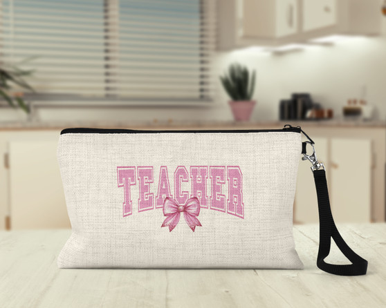 Teacher Pink Bow Tie  Wristlet Makeup Bag