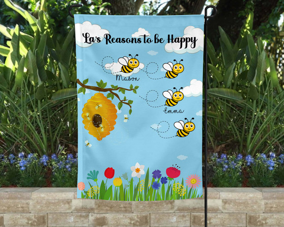 Grandma's Reasons to Bee Happy Garden Personalized Flag Kids Name 12x18