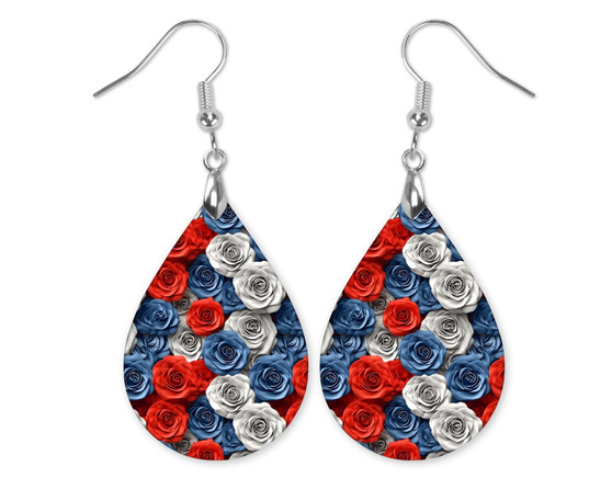 Red White Blue Rose Teardrop Earrings