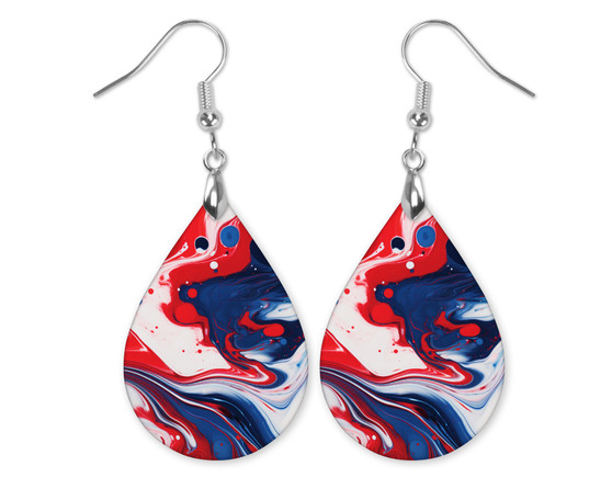 Red White Blue Paint Pour Teardrop Earrings