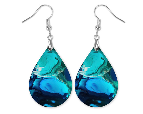 Blue Teal Paint Pour Teardrop Earrings