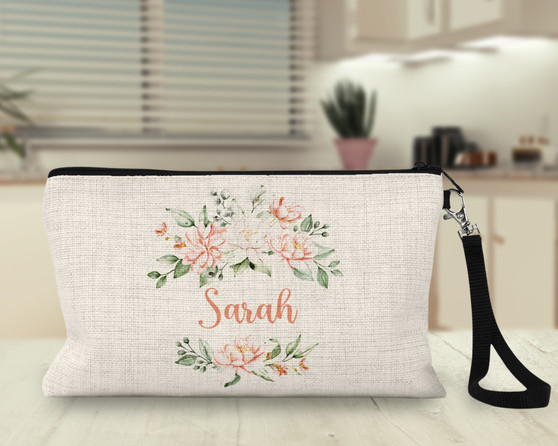 Peach Floral Personalized Wristlet Makeup Bag