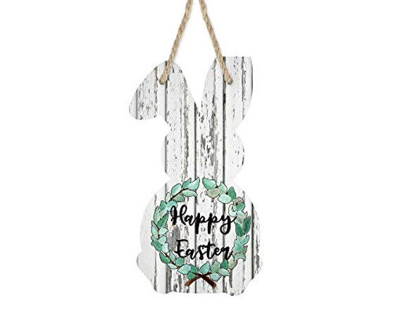 Easter Bunny Shaped White Barn Wood Door Hanger Sign