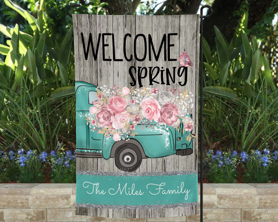 Welcome Spring Pink Flower Truck Garden Flag Garden Banner 12x18