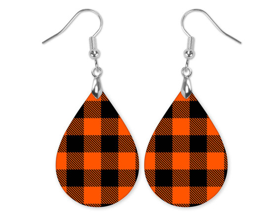 Orange & Black Buffalo Plaid Teardrop Earrings for Fall