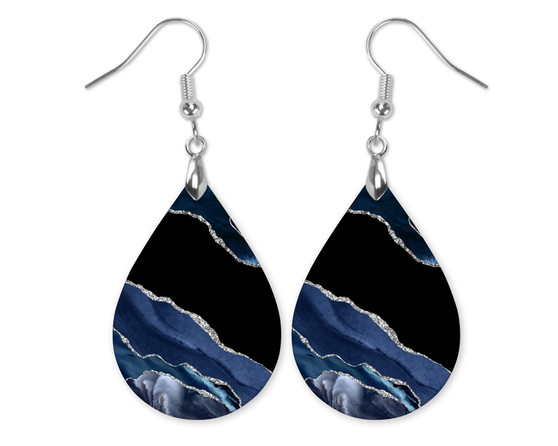 Blue Silver Agate Boho Design Teardrop Earrings