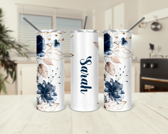 Personalized Navy Floral Tumbler 20oz