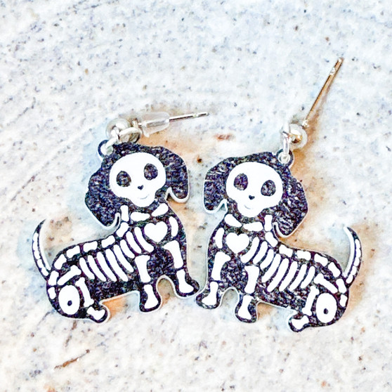 Weiner Dog Dachshund Skeleton Halloween Dangle Earrings for Women