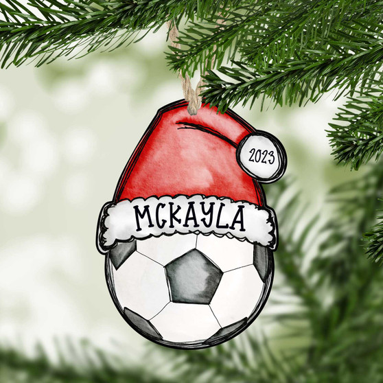 Soccer Ornament with Santa Hat Personalized