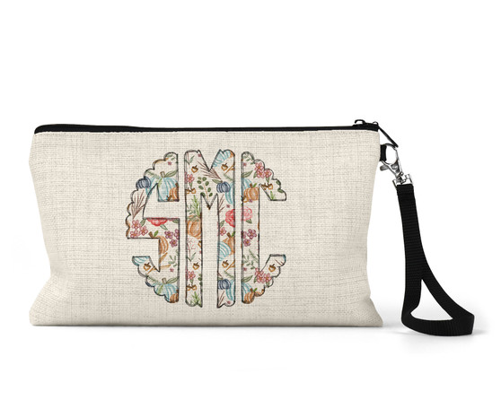 Personalized Pumpkin Floral Monogram Initial Design Cosmetic Bag Wristlet  Makeup Bag