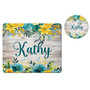 Personalized Teal Yellow Floral Barnwood Mousepad Coaster Desk Gift Set