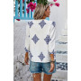 V Neck Printed Navy and White Loose Fit Blouse