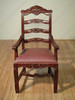 Pair of 2 Solid Mahogany Carved Ladder Back Dining Arm Chairs w/Genuine Leather