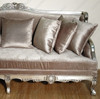 6ft Antiqued Silver Upholstered Sofa  w/ Throw Pillows