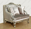 Antiqued Silver Upholstered Chair w/ Throw Pillows