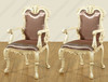 Antiqued Cream Rococo Carved Satin Upholstered Arm Chairs Set (2)
