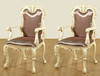 Antiqued Cream Rococo Carved Satin Upholstered Arm Chairs Set (2)