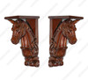 Pair of 2 Solid Mahogany Carved Horse Wall Corbel Sconce w/ Leaves