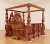 Mahogany Heavily Ornate Carved Statues Canopy Bed