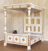 Antique Cream w/ Gold Four Post Canopy Bed w/ Ornate Headboard
