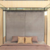 Mirrored Four Post Canopy Bed w/ Grey Velvet Upholstered Headboard