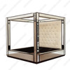 Mirrored 4-Post Canopy Mansion Bed w/ cream velvet button tufted headboard (E. King)