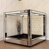 Mirrored 4-Post Canopy Mansion Bed w/ cream velvet button tufted headboard (E. King)