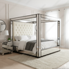 Mirrored 4-Post Canopy Mansion Bed w/ cream velvet button tufted headboard (E. King)