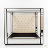 Mirrored Four Poster Canopy Bed w/ Cream Button Tufted Headboard