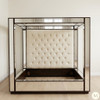 Mirrored Four Poster Canopy Bed w/ Cream Button Tufted Headboard