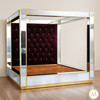 Glamorous Mirrored Four Poster Canopy Bed w/ Diamond Button Tufted Velvet headboard